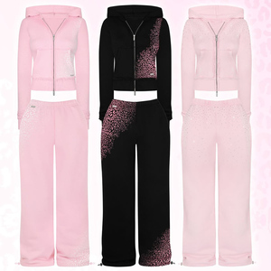 Completo da <span class=keywords><strong>donna</strong></span> personalizzato con stampa <span class=keywords><strong>leopardata</strong></span>: top corto con cappuccio e pantaloni a zampa a due pezzi, tuta sportiva elegante - Product Image 2