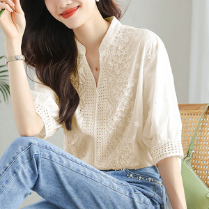 Camisa de Algodón con Bordado Francés para Mujer, Manga Corta, Verano 2026, Hermosa Camiseta Juvenil, Top Chic - Product Image 2