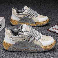 Chaussures décontractées pour hommes en cuir, baskets à lacets épais, coloris blanc et gris, plateforme respirante, antidérapantes et confortables