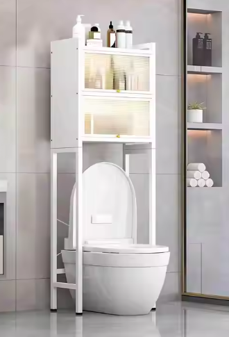 Estante para baño de tres niveles y dos puertas, color blanco.