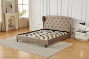 <span class=keywords><strong>Lit</strong></span> plateforme capitonné en velours beige camel <span class=keywords><strong>de</strong></span> style classique <span class=keywords><strong>avec</strong></span> <span class=keywords><strong>tête</strong></span> <span class=keywords><strong>de</strong></span> <span class=keywords><strong>lit</strong></span> incurvée, sans sommier requis - Product Image 6