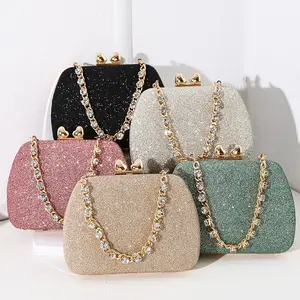 New fashion glitter fabric clutch bag rhinestone handle handbag lady metal crossbody bag women beautiful evening bags