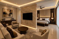 Suite de mobilier de chambre d'hôtel de luxe OEM ODM pour hôtellerie de type boutique, comprenant lit d'hôtel, table de chevet à 2 tiroirs et buffet avec plateau en marbre
