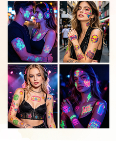 Tatouages temporaires phosphorescents, autocollants néon UV, fluorescents sous lumière noire, pour festivals de musique, fêtes à thème lumineux - Product Image 3