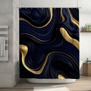 Juego de Baño de Poliéster Negro y Dorado - Cortina de Ducha Clásica con Diseño de Ondas, 12 Ganchos, Tapete Antideslizante y Funda para Asiento de Inodoro, Decoración Moderna para Baño - Product Image 3