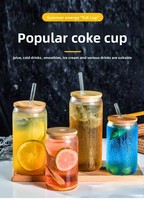 Gobelet à bière en verre borosilicate transparent de 16 oz avec paille, design moderne, couvercle en bambou à ouverture par poussée, résistant à la chaleur, pour fruits