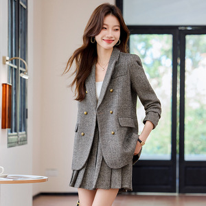 Women's Herringbone <b>Blazer</b> Skirt Suit <b>Set</b> Full Sleeve Autumn Casual Anti-Wrinkle Short Skirt Outfit - Product Image 1