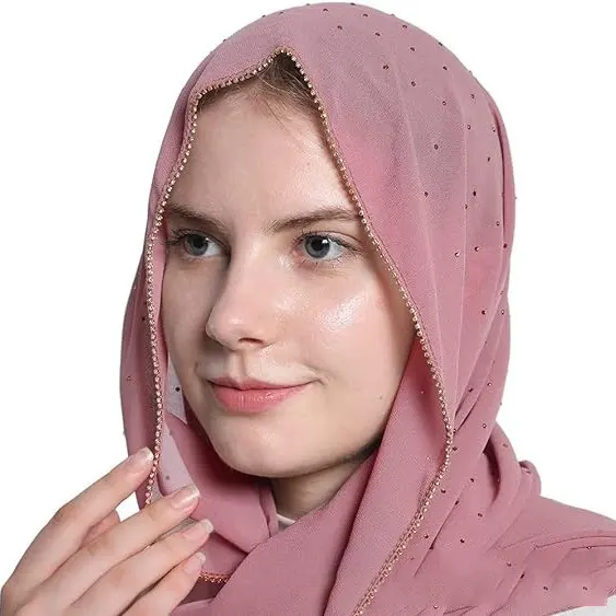 Foulard en mousseline de soie perlée avec logo personnalisé de haute qualité et chaîne chaude en diamant long châle foulard en soie musulman foulard ethnique hijab