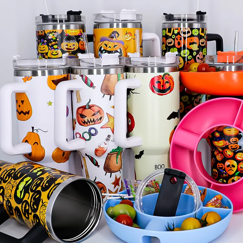 Halloween 3D UV Printed Spooky Pumpkin Insulated Tumble Straws Stainless Steel Coffee 40Oz Tumbler With Handle For Coffee