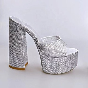 Silver Rhinestone Open Toe Block High Heel <b>Shoes</b> Slip-on Sandals Summer Thick Platform Heeled Slipper for Lady Size 43 - Product Image 2