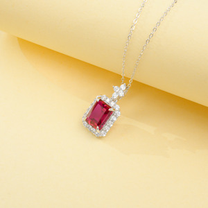 Vintage <b>Emerald</b> Cut Ruby Halo <b>Pendant</b>, Sterling Silver Lab Created Ruby Necklace for Women - Product Image 4