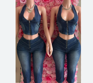 Viviblook Z425ST05 ropa de calle Y2K Stretch Jean verano mujeres Halter Denim chaleco Top pantorrilla longitud pantalón conjuntos dos piezas pantalones cortos conjuntos - Product Image 1