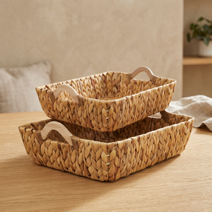 Panier de rangement moderne tressé à la main avec poignées en bois, lot de 2 paniers pliables en jacinthe d'eau pour l'organisation - Product Image 2