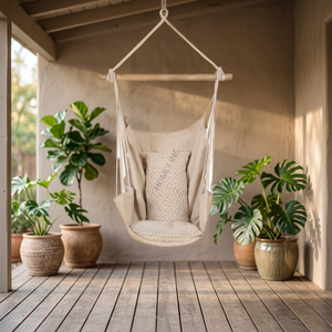 Fauteuil suspendu en coton naturel avec barre en bois, chaise suspendue en macramé, design personnalisé, artisanat d'extérieur - Product Image 3