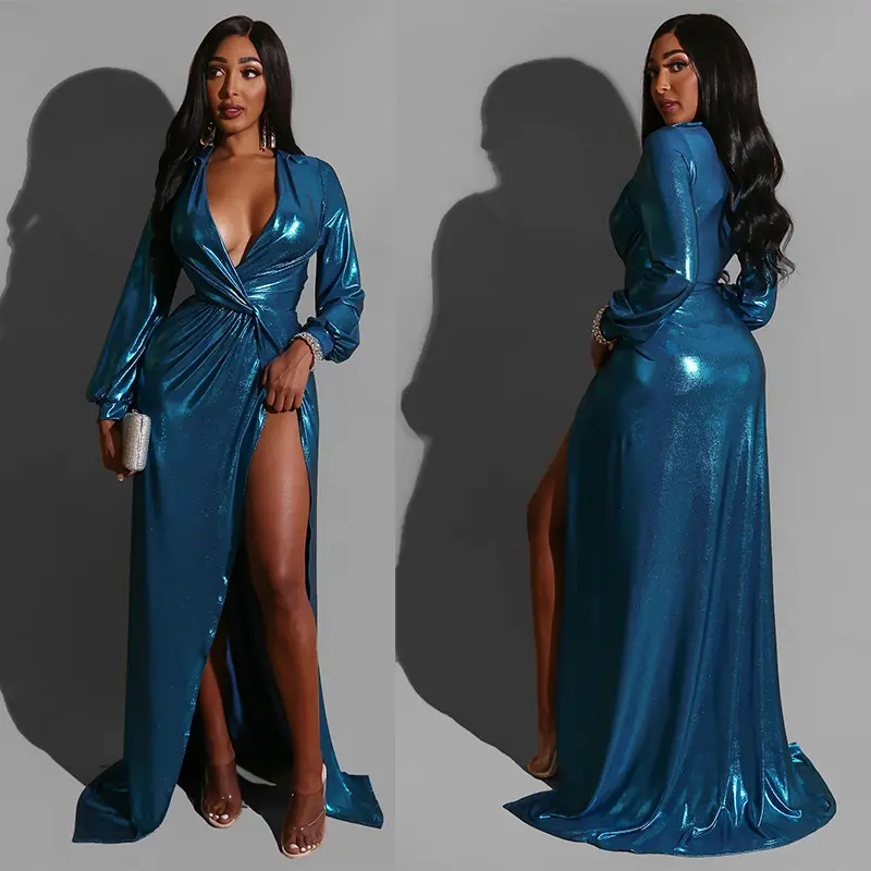 2022 new arrivals Sexy deep v-neck wrapped high slit shiny women long sleeve maxi evening dresses dinner plus sized dresses
