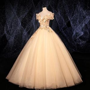 Off The Shoulder Ball Gown Champagne Sky Blue Floral Print Empire Waistline Long Dress For Banquet Stage Performance - Product Image 2