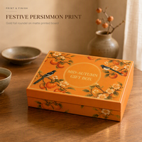 Boîte cadeau personnalisée orange pour la mi-automne avec couvercle rigide amovible, quatre boîtes intérieures et motif kaki pour offrir en cadeau de manière festive