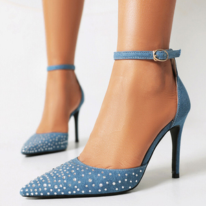 Escarpins en jean à talons aiguilles pour femme, grande taille 48, à bout pointu, avec lanières de cheville, ornés de strass brillants, pour l'été, coupe large - Product Image 2