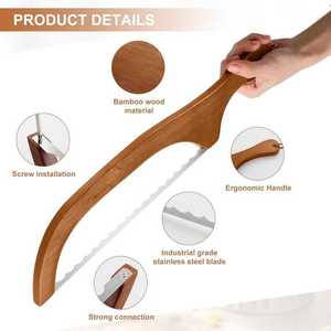 เครื่องตัดขนมปังแบบโฮมเมดใบมีดหยักสแตนเลสและไม้อะคาเซียเป็นมิตรกับสิ่งแวดล้อมทันสมัยสำหรับแป้งโดว์และบาแกต - Product Image 5