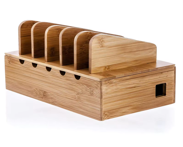 Bamboo Charging Station for Multiple Devices Cell Phone Docking Stations Laptop Nightstand Bedside Desk Device Charger Organizer