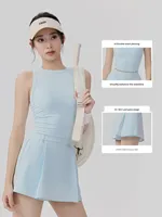 Set Olahraga Wanita Dua Potong Anti-Exposure Bernapas Kasual untuk Tenis, Pilates, dan Olahraga Luar Ruangan, Bahan Spandex/Nylon, Kerah Bulat, 4-Way Stretch