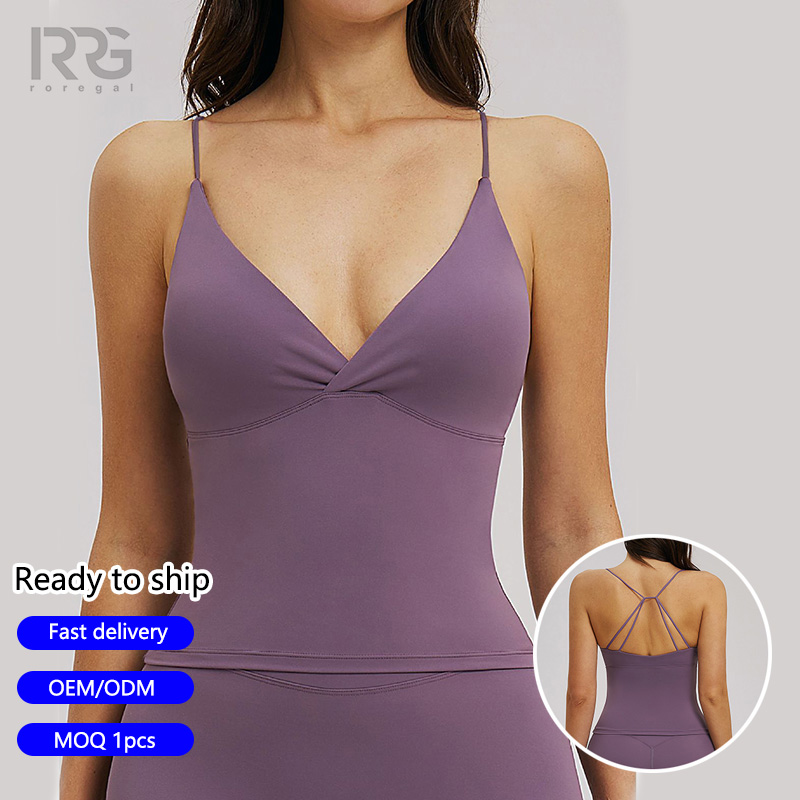 Roregal Casual Active Wear Thin Straps Criss-Cross Back Gym Running Fitness Women's Yoga Tank Top with Removable Pads