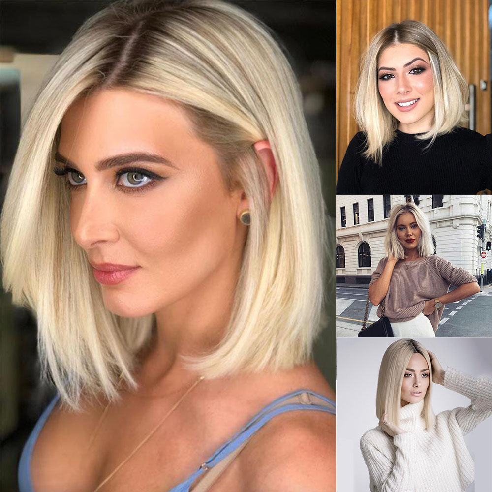 Peluca Sintética Rubio Ombre Estilo Bob Para Mujer - Con Pinzas Naturales, Longitud Media, Lacia Y Suave