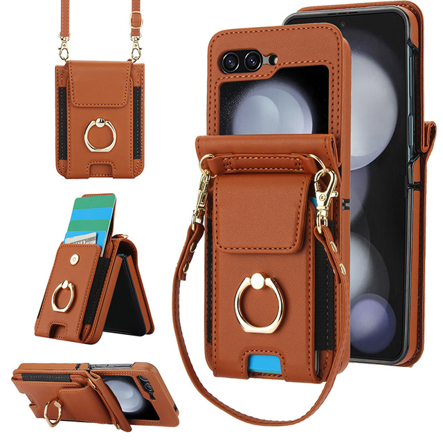 Premium Leather Phone Case for Samsung Z Flip 3 4 5 6 7 Wallet Phone Covers With Lanyard Card Slot Holder Phone Holster