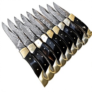Couteau pliant en acier Damas de haute qualité avec manche en corne de mouton, lame à pointe de lance, verrouillage arrière, 58 HRC, pour le camping et les activités de plein air - Product Image 3