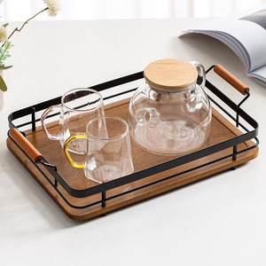 <b>Tea</b> <b>Tray</b> Rectangular Wrought Iron Handle Bamboo Wood Serving <b>Tray</b> For Restaurant Hotel Use - Product Image 1
