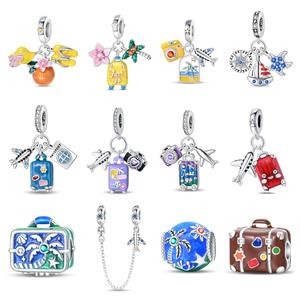 Copper Silver Plated airplane Travel Vacation Themed Enamel CZ Charm <b>Beads</b> <b>Set</b> Fit European Bracelet DIY Jewelry - Product Image 1