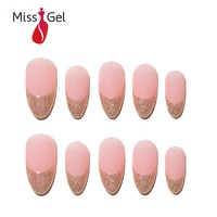 En gros, Faux ongles à presser en gel souple, longueur moyenne, forme amande, rose nude minimaliste, avec paillettes, style French