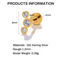 Anneau labret en argent sterling S925 avec trois pierres de zircon plates de 1,2 mm 16G et vis de fixation pour piercing
