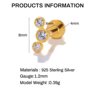 Piercing de Labret de Plata de Ley S925 con Tres Circonitas Planas de 1.2mm y 16G, con Rosca para Fijación - Product Image 2