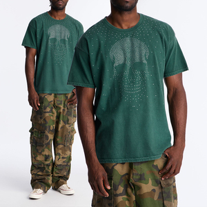 KingSen Men's Vintage Stone Wash <b>Rhinestone</b> Skull Print T-Shirt Oversized Heavyweight Washed Cotton Graphic Streetwear <b>Top</b> - Product Image 1