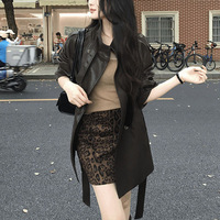 Manteau noir mi-long de style coréen, veste en cuir pour femme, nouveau style automne-hiver, col montant, trench-coat ceinturé