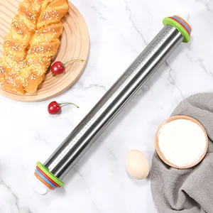 Custom Logo stainless steel non stick 17 inch dough roller adjustable rolling pin with removable thickness rings