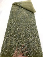 Tissu de Dentelle Brodé de Luxe Fait Main Orné de Perles et Paillettes, Tulle Maille Blanc pour Robe de Mariée ou de Soirée, avec Perles