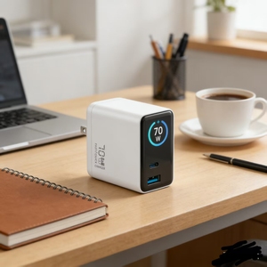 Wall Power Supply <b>Adapter</b> 70w gan charger with tft display retractable <b>plug</b> 2c1a usb c pd3.0 for business travel laptop - Product Image 6