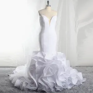 Vestido de casamento sereia cetim liso, vestido de casamento elegante, branco com êmbolo rsw1710