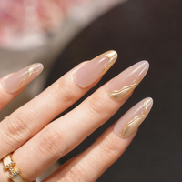Faux ongles à presser en amande, base nude, ligne ondulée dorée, réutilisables, faits à la main