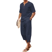 Ensemble 2 pièces en lin pour homme Chemise Henley à manches courtes et pantalon sarouel Capri à jambes larges Pantalon de yoga de plage Baggy Tenues