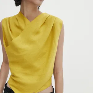 New Design 100% Linen Solid Solor Linen V-neck Tshirt Casual and Elegant Sleeveless Top for Women