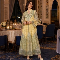 Abaya musulmane en mousseline élégante et modeste avec motif imprimé raffiné et strass thermocollants, idéale pour les festivals, mariages et banquets