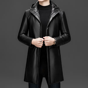 سترة جلدية رجالية للشتاء، تصميم جديد، متوسطة الطول، بغطاء للرأس، من جلد الغنم، محشوة بريش البط الأبيض، معطف واقي من الرياح عالي الجودة - Product Image 2