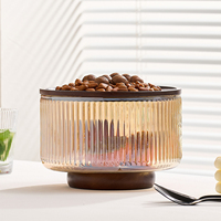 Bol à salade en verre côtelé avec base et couvercle en bois d'acacia 1,8L 3L 4,3L, ensemble de bols à fruits sur pied et bols mélangeurs cannelés sans plomb