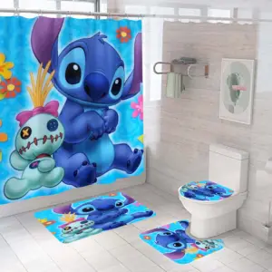 Custom Print 100 Polyester Waterproof Christmas Stitch Cute Anime Tv Characters Kids Bathroom Rug Mat Shower Curtain Set 4 Pcs
