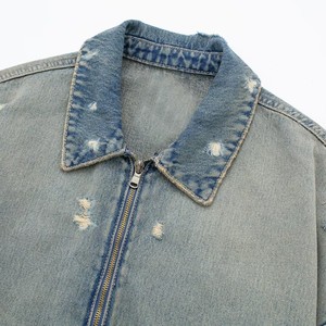 Veste courte en jean pour femme à col à revers et fermeture éclair, avec décoration à trous, Tendance - Product Image 3