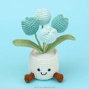 Fleurs artificielles faites à la main en fil tricoté au crochet, rose, tulipe, plante en pot - Product Image 6