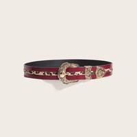 Ceinture pour femmes, style vintage, hip-hop, YK2, punk, bordeaux, en PU, patchwork léopard, boucle en métal, fleurs, pour jeans et robes